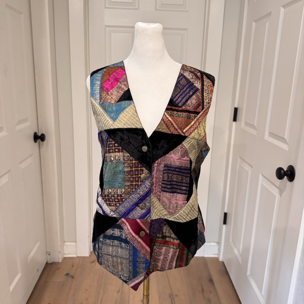 Vtg Patchwork Vest Velvet Silk Womens Sz M Whimsigoth India Sandy Starkman